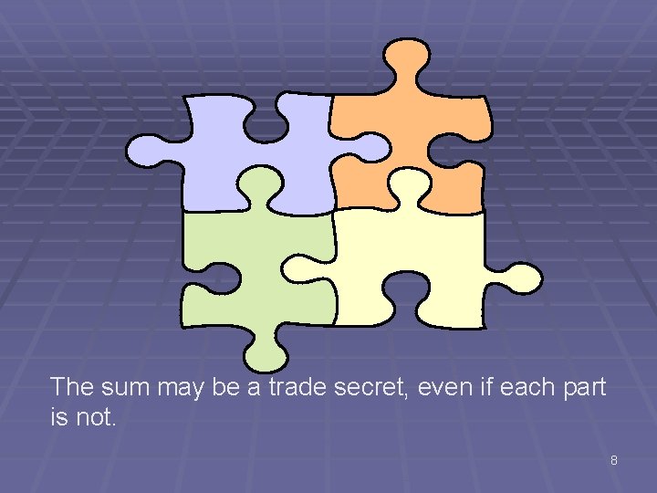 The sum may be a trade secret, even if each part is not. 8