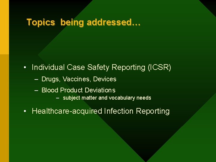 Topics being addressed… • Individual Case Safety Reporting (ICSR) – Drugs, Vaccines, Devices –