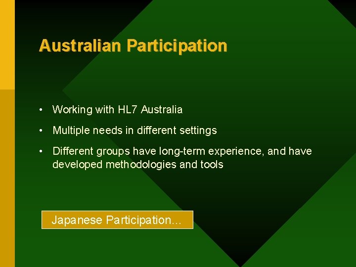 Australian Participation • Working with HL 7 Australia • Multiple needs in different settings