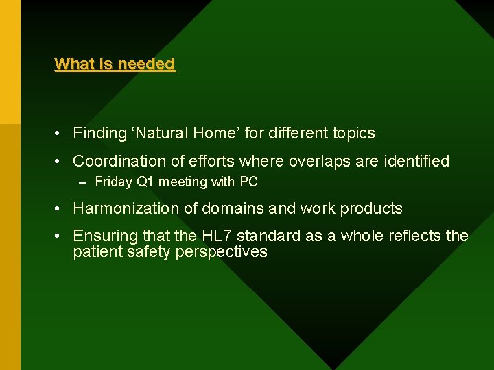 What is needed • Finding ‘Natural Home’ for different topics • Coordination of efforts