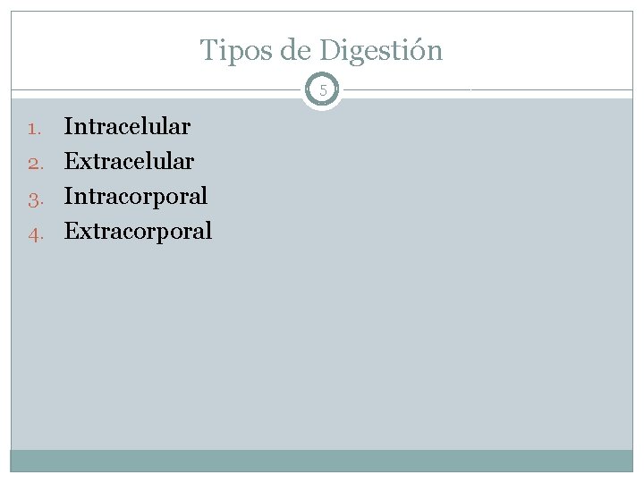 Tipos de Digestión 5 Intracelular 2. Extracelular 3. Intracorporal 4. Extracorporal 1. 