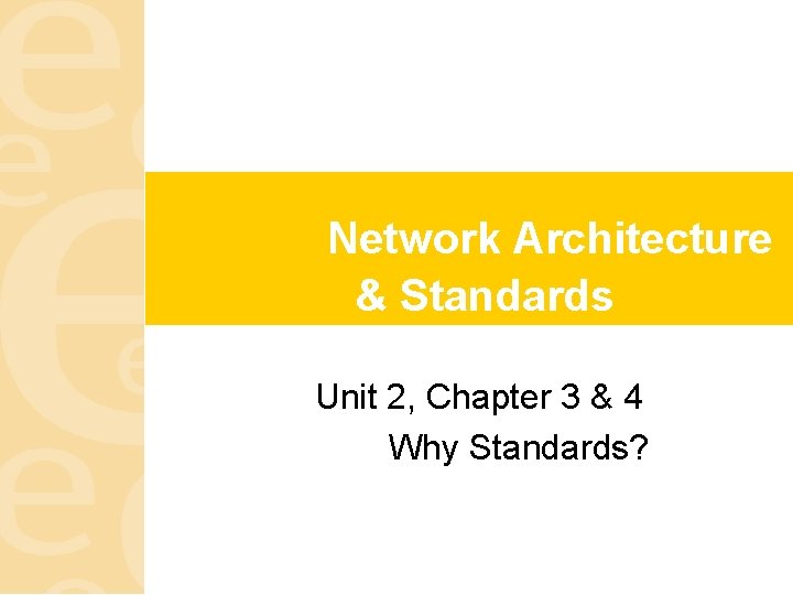 Network Architecture & Standards Unit 2, Chapter 3 & 4 Why Standards? 