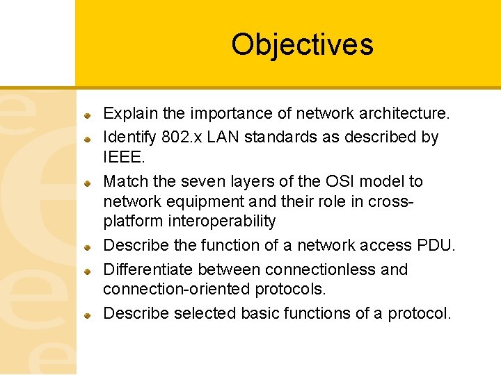 Objectives Explain the importance of network architecture. Identify 802. x LAN standards as described