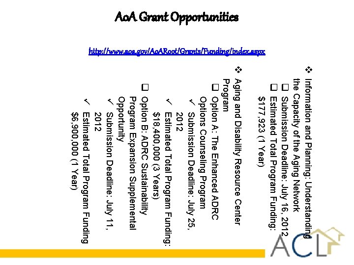 Ao. A Grant Opportunities http: //www. aoa. gov/Ao. ARoot/Grants/Funding/index. aspx v Information and Planning: Ao. A Grant Opportunities http: //www. aoa. gov/Ao. ARoot/Grants/Funding/index. aspx v Information and Planning: