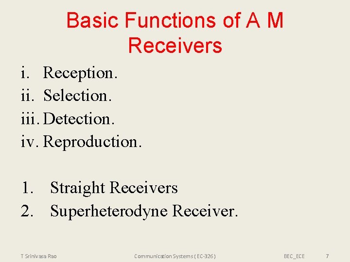 Basic Functions of A M Receivers i. Reception. ii. Selection. iii. Detection. iv. Reproduction.
