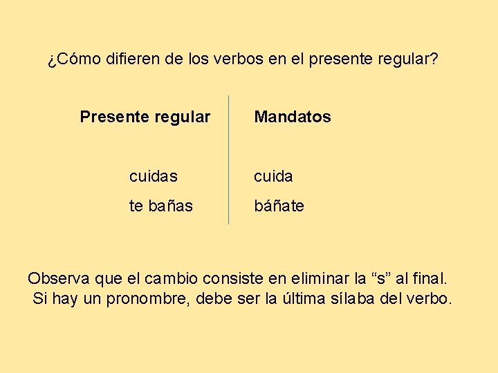 ¿Cómo difieren de los verbos en el presente regular? Presente regular Mandatos cuida te