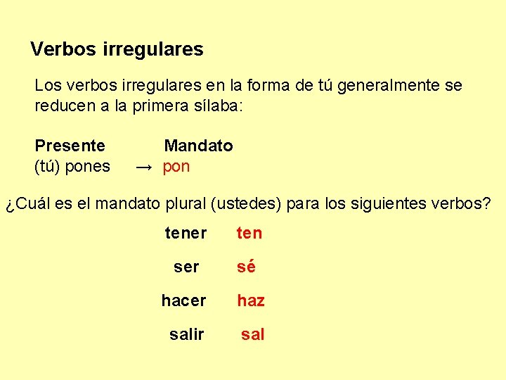 Verbos irregulares Los verbos irregulares en la forma de tú generalmente se reducen a