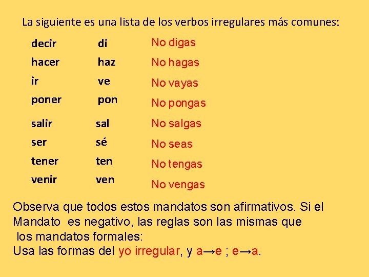 La siguiente es una lista de los verbos irregulares más comunes: decir di No