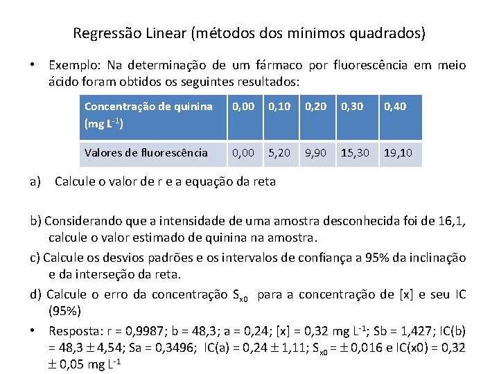 Regressão Linear (métodos mínimos quadrados) • Exemplo: Na determinação de um fármaco por fluorescência Regressão Linear (métodos mínimos quadrados) • Exemplo: Na determinação de um fármaco por fluorescência