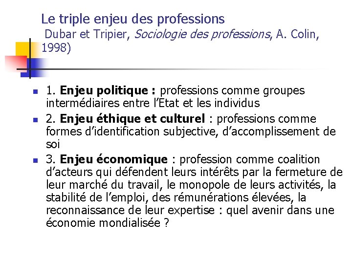 Le triple enjeu des professions Dubar et Tripier, Sociologie des professions, A. Colin, 1998)