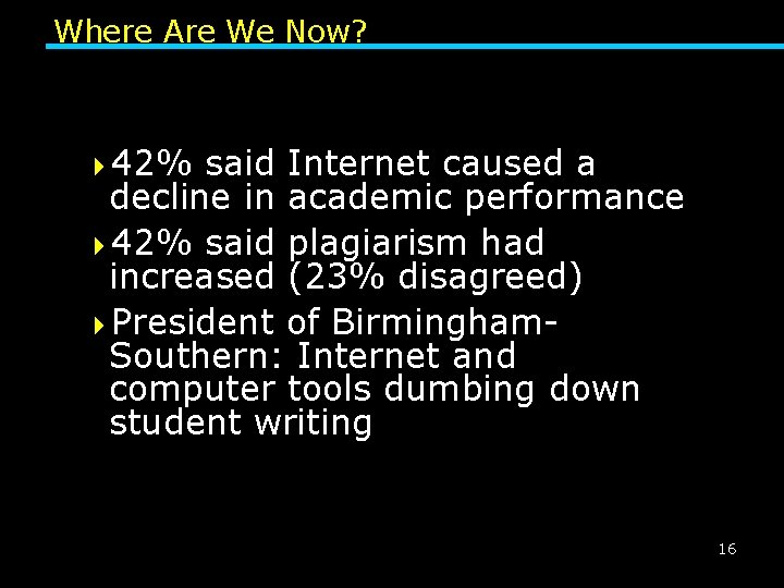 Where Are We Now? 442% said Internet caused a decline in academic performance 442%