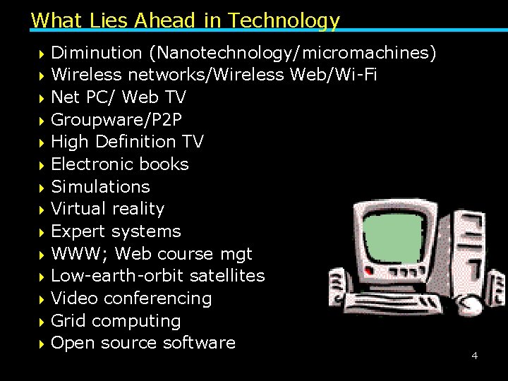 What Lies Ahead in Technology 4 Diminution (Nanotechnology/micromachines) 4 Wireless networks/Wireless Web/Wi-Fi 4 Net