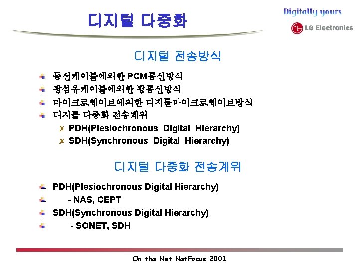 디지털 다중화 디지털 전송방식 동선케이블에의한 PCM통신방식 광섬유케이블에의한 광통신방식 마이크로웨이브에의한 디지틀마이크로웨이브방식 디지틀 다중화 전송계위 PDH(Plesiochronous 디지털 다중화 디지털 전송방식 동선케이블에의한 PCM통신방식 광섬유케이블에의한 광통신방식 마이크로웨이브에의한 디지틀마이크로웨이브방식 디지틀 다중화 전송계위 PDH(Plesiochronous