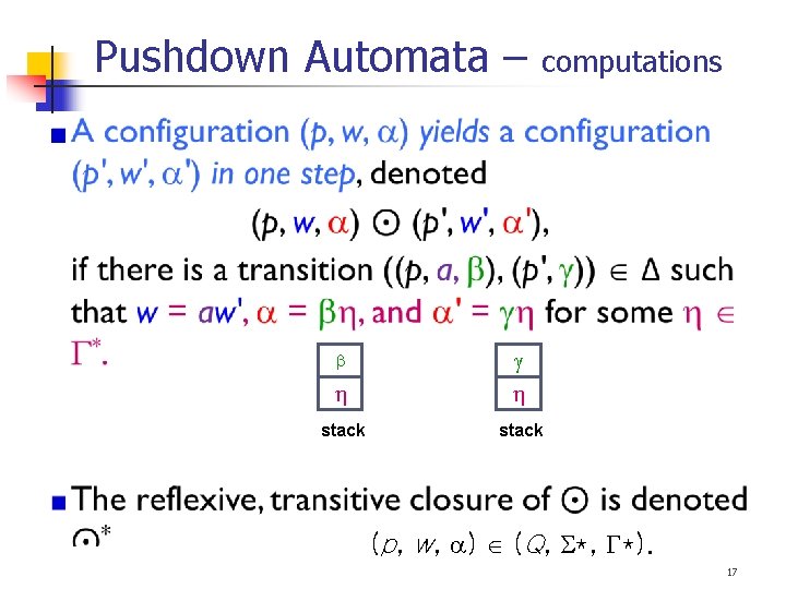 Pushdown Automata – computations stack (p, w, ) (Q, *). 17 
