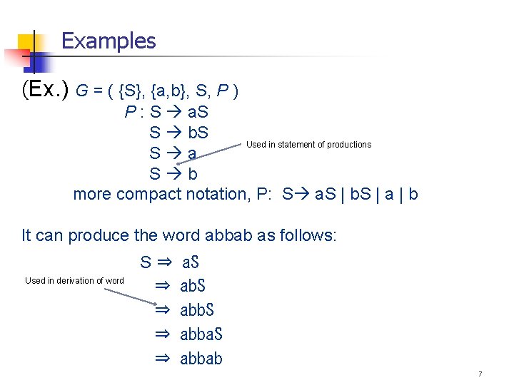 Examples (Ex. ) G = ( {S}, {a, b}, S, P ) P :