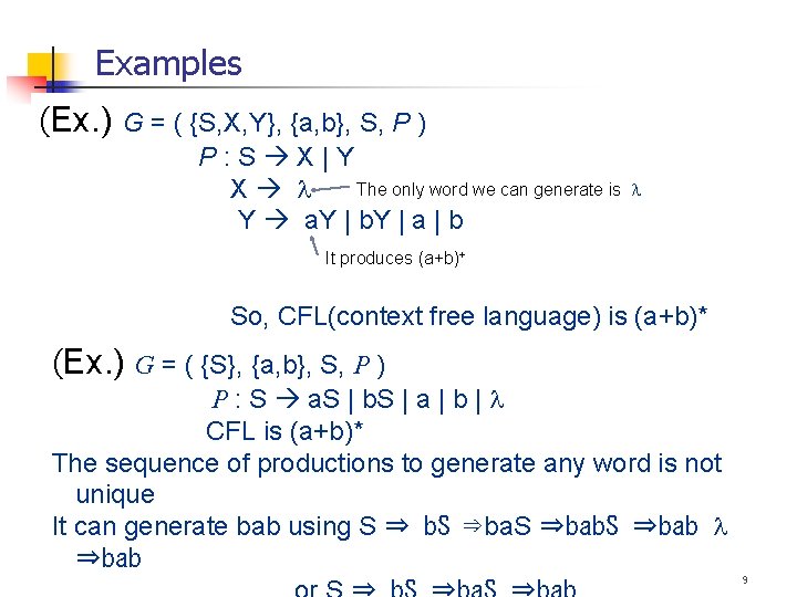 Examples (Ex. ) G = ( {S, X, Y}, {a, b}, S, P )