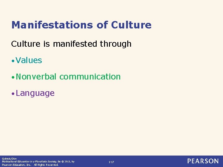 Manifestations of Culture is manifested through • Values • Nonverbal communication • Language Gollnick/Chin