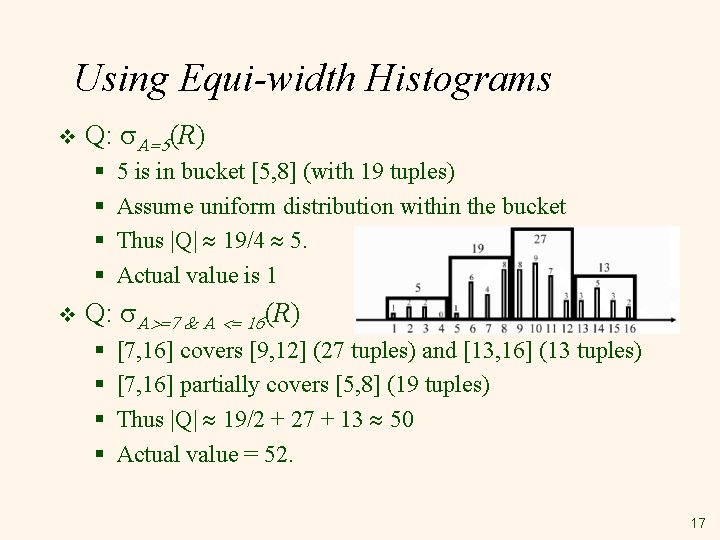 Using Equi-width Histograms v Q: s. A=5(R) § § v 5 is in bucket