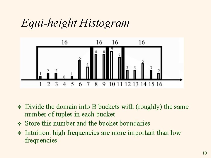 Equi-height Histogram v v v Divide the domain into B buckets with (roughly) the