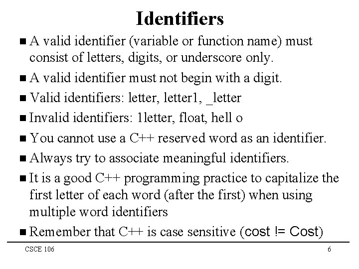 Identifiers n. A valid identifier (variable or function name) must consist of letters, digits,