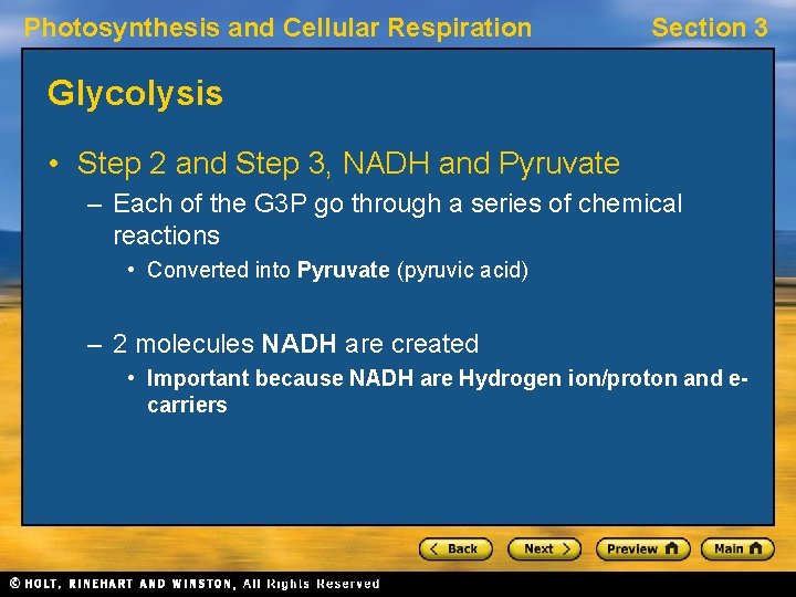 Photosynthesis and Cellular Respiration Section 3 Glycolysis • Step 2 and Step 3, NADH