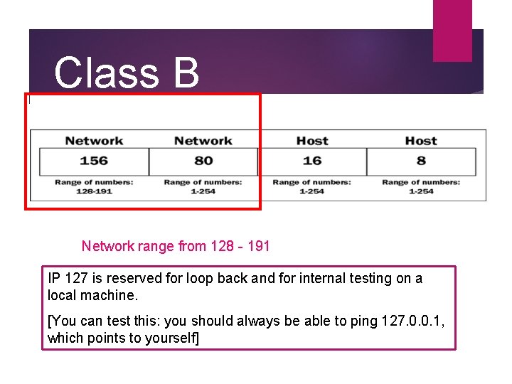 Class B Network range from 128 - 191 IP 127 is reserved for loop