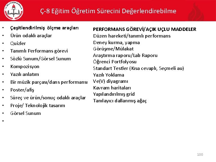 Ç-8 Eğitim Öğretim Sürecini Değerlendirebilme • • • • Çeşitlendirilmiş ölçme araçları Ürün odaklı