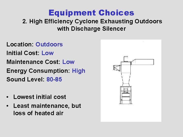 Equipment Choices 2. High Efficiency Cyclone Exhausting Outdoors with Discharge Silencer Location: Outdoors Initial