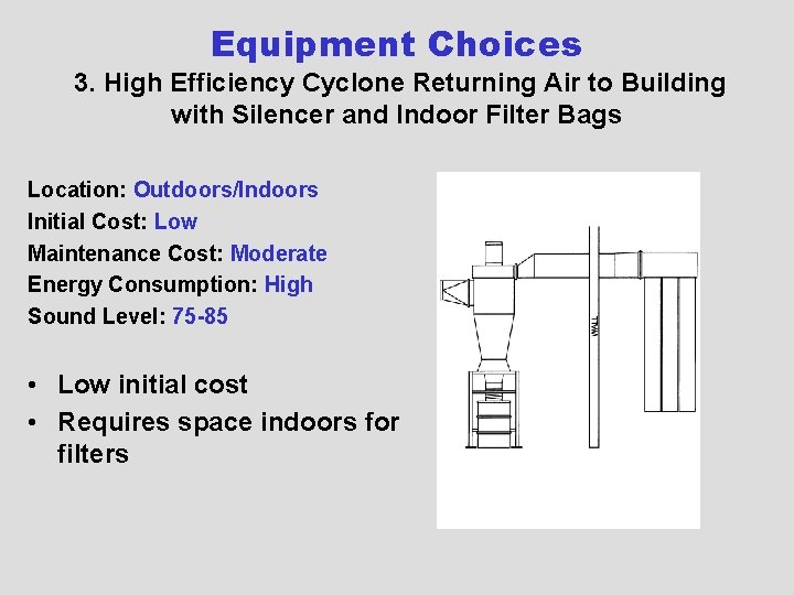 Equipment Choices 3. High Efficiency Cyclone Returning Air to Building with Silencer and Indoor