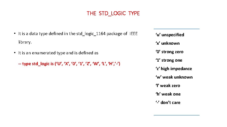 THE STD_LOGIC TYPE • It is a data type defined in the std_logic_1164 package