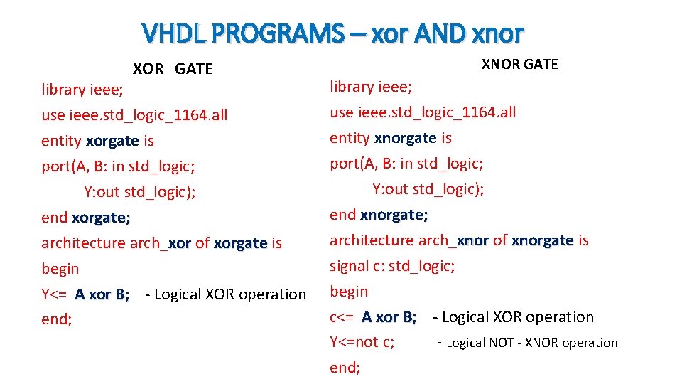 VHDL PROGRAMS – xor AND xnor XOR GATE library ieee; use ieee. std_logic_1164. all