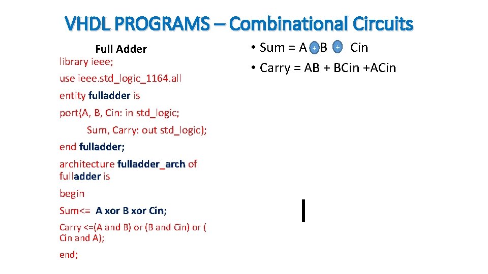 VHDL PROGRAMS – Combinational Circuits Full Adder library ieee; use ieee. std_logic_1164. all entity