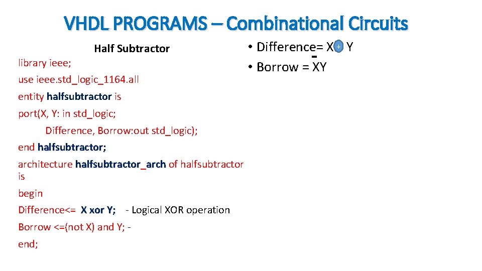 VHDL PROGRAMS – Combinational Circuits Half Subtractor library ieee; use ieee. std_logic_1164. all entity