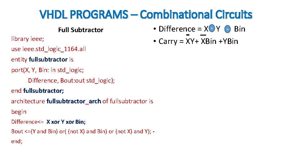 VHDL PROGRAMS – Combinational Circuits Full Subtractor library ieee; use ieee. std_logic_1164. all •