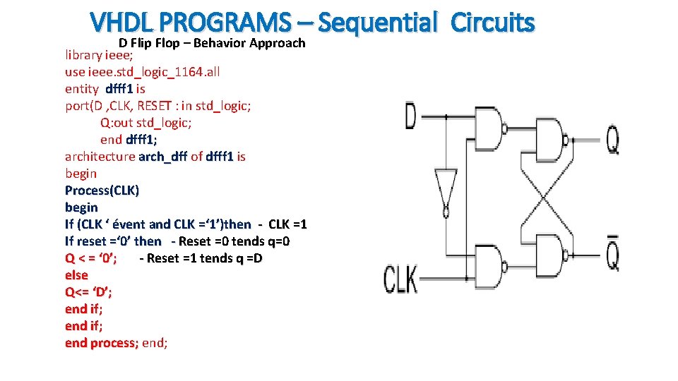 VHDL PROGRAMS – Sequential Circuits D Flip Flop – Behavior Approach library ieee; use