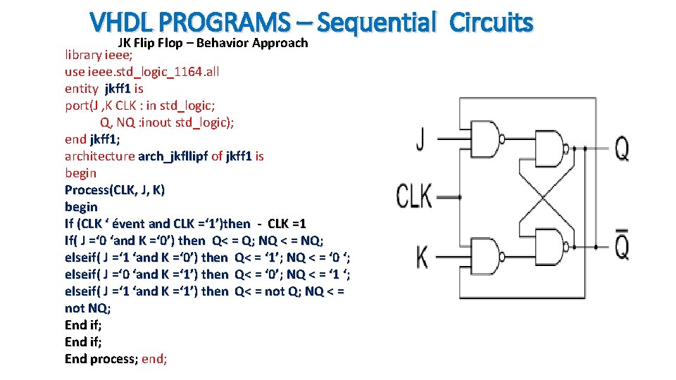 VHDL PROGRAMS – Sequential Circuits JK Flip Flop – Behavior Approach library ieee; use