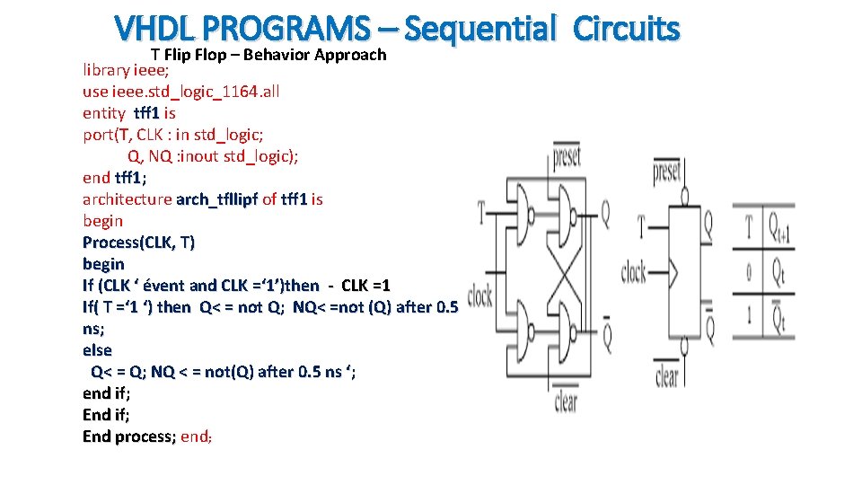 VHDL PROGRAMS – Sequential Circuits T Flip Flop – Behavior Approach library ieee; use