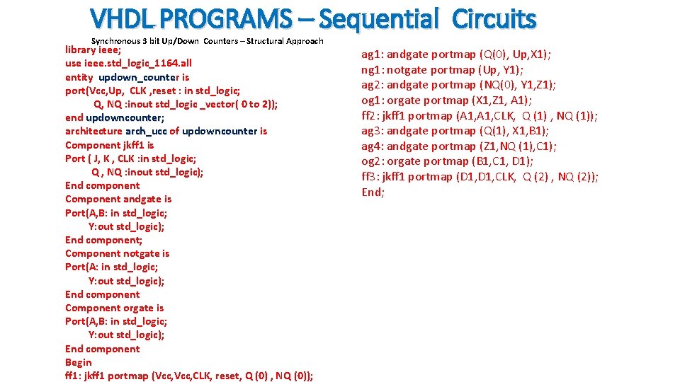 VHDL PROGRAMS – Sequential Circuits Synchronous 3 bit Up/Down Counters – Structural Approach library