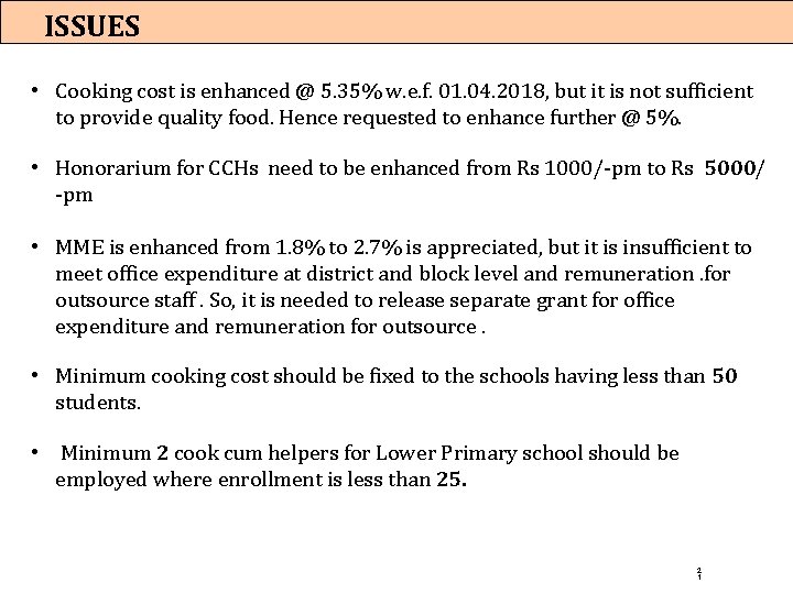 ISSUES • Cooking cost is enhanced @ 5. 35% w. e. f. 01. 04. ISSUES • Cooking cost is enhanced @ 5. 35% w. e. f. 01. 04.