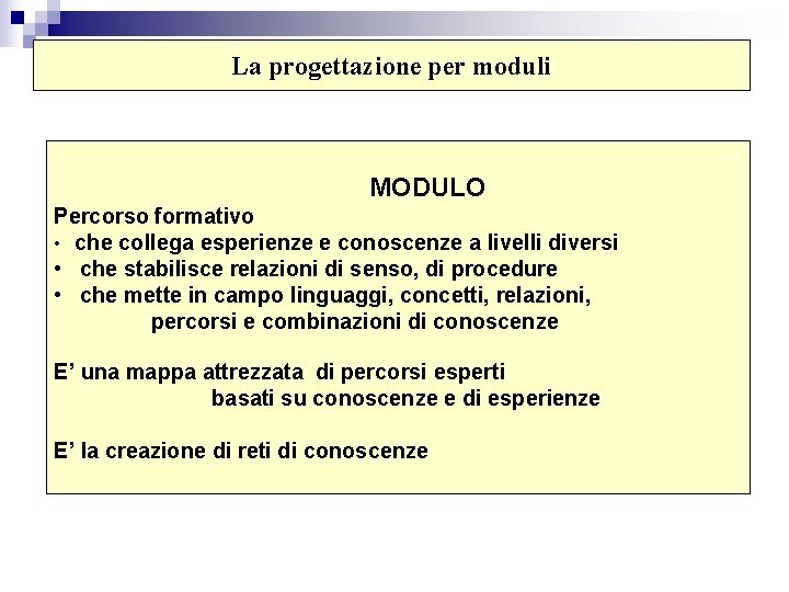 La progettazione per moduli MODULO Percorso formativo • che collega esperienze e conoscenze a