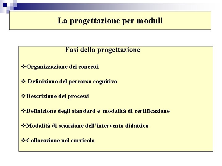 La progettazione per moduli Fasi della progettazione v. Organizzazione dei concetti v Definizione del