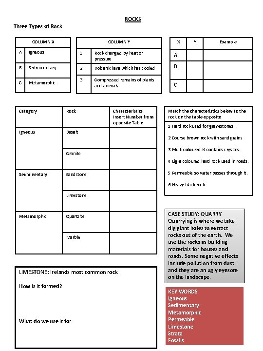 ROCKS Three Types of Rock COLUMN X COLUMN Y X A Igneous 1 Rock