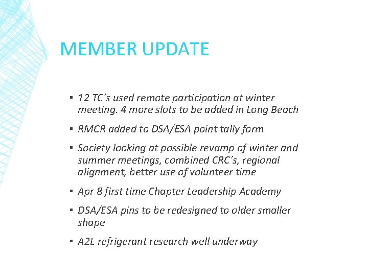 MEMBER UPDATE ▪ 12 TC’s used remote participation at winter meeting. 4 more slots