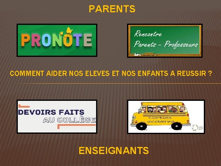 PARENTS COMMENT AIDER NOS ELEVES ET NOS ENFANTS A REUSSIR ? ENSEIGNANTS PARENTS COMMENT AIDER NOS ELEVES ET NOS ENFANTS A REUSSIR ? ENSEIGNANTS