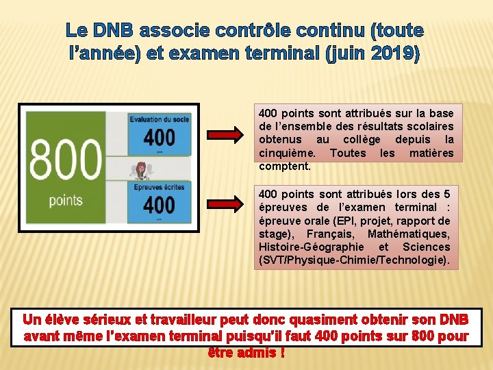 Le DNB associe contrôle continu (toute l’année) et examen terminal (juin 2019) 400 points Le DNB associe contrôle continu (toute l’année) et examen terminal (juin 2019) 400 points