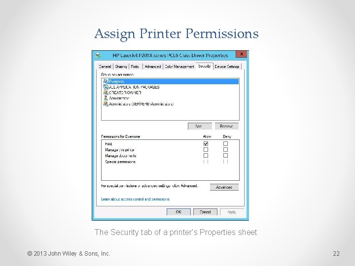 Assign Printer Permissions The Security tab of a printer’s Properties sheet © 2013 John