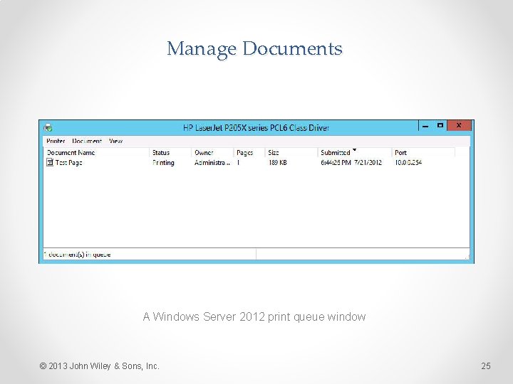 Manage Documents A Windows Server 2012 print queue window © 2013 John Wiley &