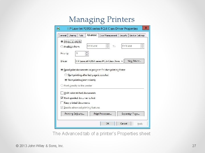 Managing Printers The Advanced tab of a printer’s Properties sheet © 2013 John Wiley