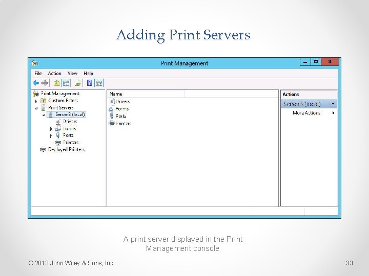 Adding Print Servers A print server displayed in the Print Management console © 2013