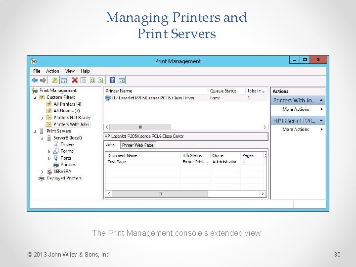 Managing Printers and Print Servers The Print Management console’s extended view © 2013 John